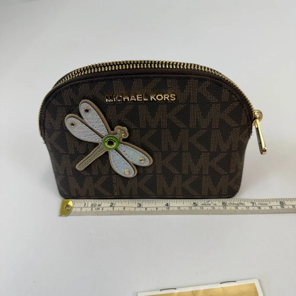 Michael Kors Brown Signature Logo Dragonfly Dome Cosmetic Pouch Bag Gold NEW